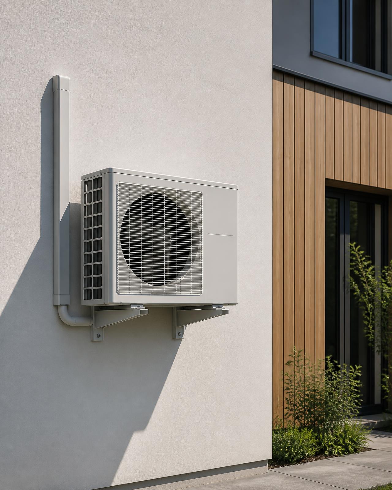 Neatly installed outdoor air conditioning condenser on a modern home